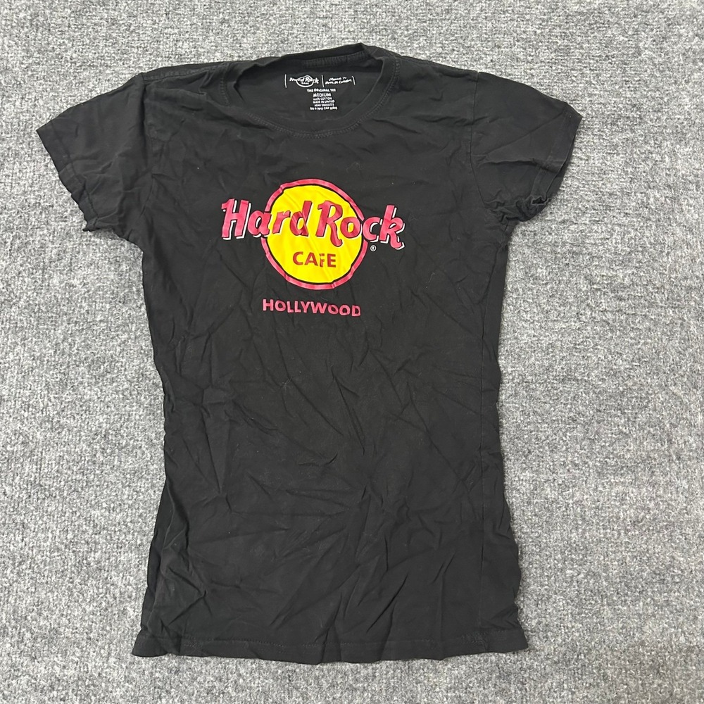 Hard Rock Cafe T-Shirt Womens Size Medium Black Hollywood Graphic Cotton Slim